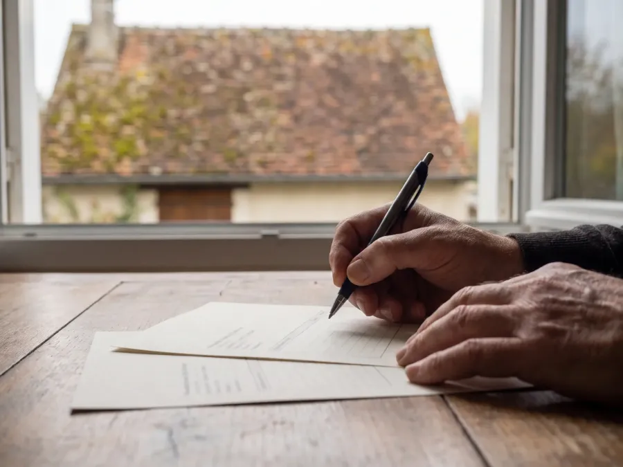 Mains tenant un stylo au-dessus de deux devis posés sur une table, une maison au toit de tuiles moussues visible par la fenêtre (illustration)
